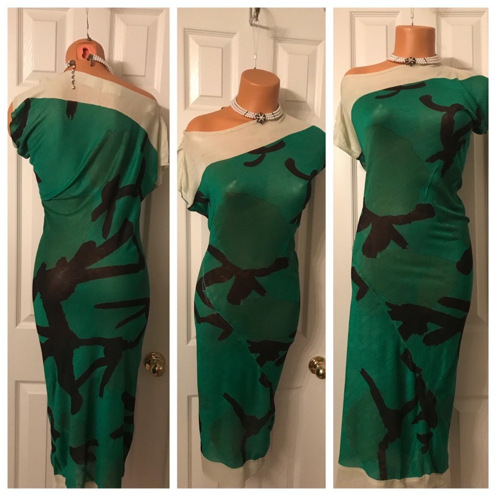 Silk Asian Print Green/Black Asymmetrical Dress XS